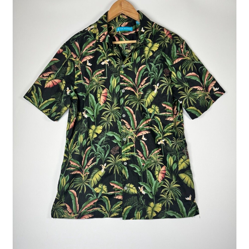 Tori Richard Shirt Mens Medium Black Tropical Palm‎ Leaf Cotton Lawn Aloha USA